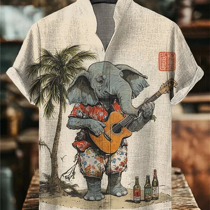 Men's Summer Short Sleeve Shirt Cute Cat Printed Stand up Collar Linen Button up Fashion Designer Party Costume Top