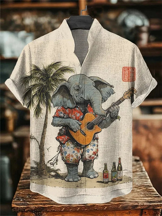 Men's Summer Short Sleeve Shirt Cute Cat Printed Stand up Collar Linen Button up Fashion Designer Party Costume Top