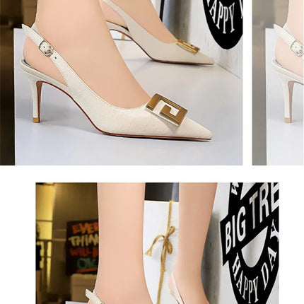 2024 Autumn Women Soft Leather Slingback Shoes Thin High Heels Office Dress Fashion Hollow Pointy Toe Gentle Sandals 8999-5