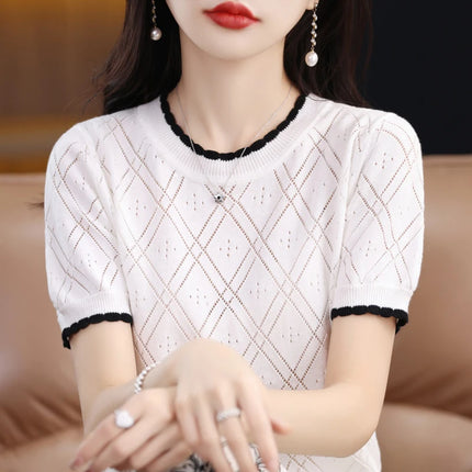 Summer New 100% Cotton Women's T-shirt Casual Solid Color Hollow Out Knit Pullover Short Sleeved Casual Fashion Round Neck Tees