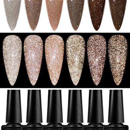 6pcs Coffee Brown Reflective Glitter Gel Nail Polish Set Dark Flashy Semi Permanent Soak Off UV Gel Varnish Nail Supplies Salon