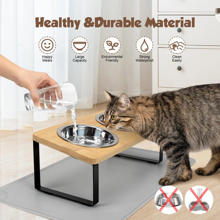 Elevated Cat Bowls Pet Feeder 15° Tilted Raised Cat Food Bowls with Wooden Stand 2 Stainless Steel Bowls for Cats and Puppy