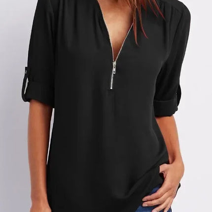 2024 Quality HotSale Plus Size Deep V Neck Women Blouse Chiffon Cool Loose Shirt Fashion Casual Ladies Tops Sexy Zipper Pullover