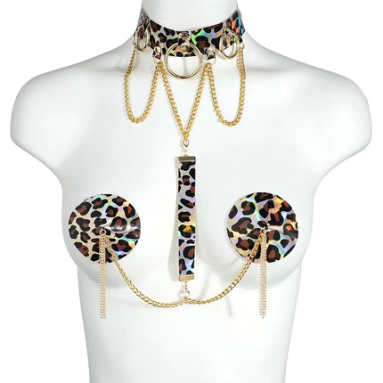 1Pair Leopard Nipple Cover Protector Reusable Tassel Chain Silicone Nipple Pasties With Bondage Choker Chest Stickers Sexy Women