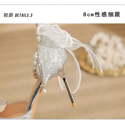 Spring Pointed Toe Party Wedding Shoes for Women, Bride Bow Thick Heel Silver Sequin Fairy Lolita Style Single Shoes