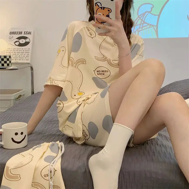 Kawaii Hot Anime Cinnamoroll Kuromi Pajamas Summer Simple Fashion Delicate Cute Casual Loose Comfortable Soft Girly Set Gift