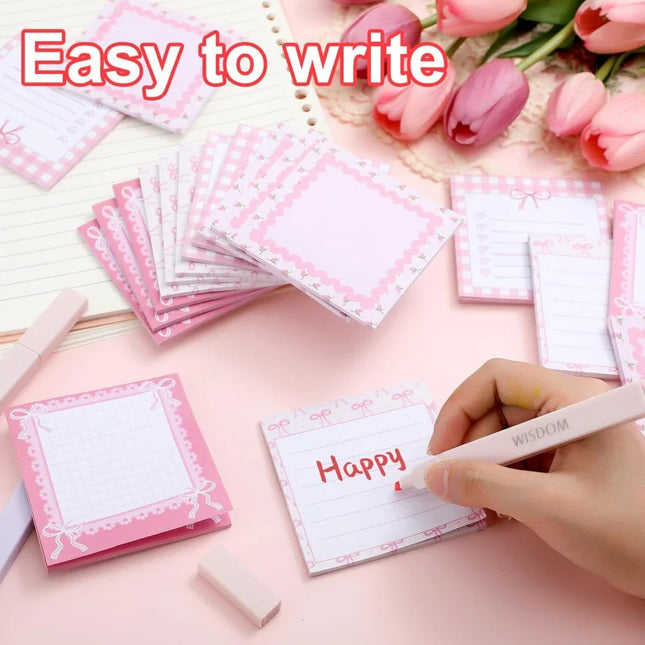 1pc Pink Bow Sticky Notes，Ins Style Self-Adhesive Tear-Off Notepad To Do List Stickers，Office School Memo Pad Reward Gift