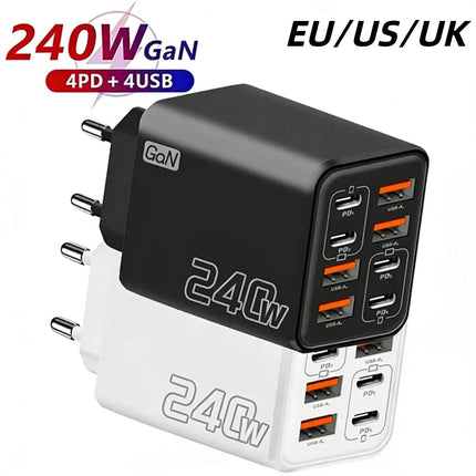 240W 8 Port USB C Charger PD Fast Charging Charger Wall Adapter EU/US/UK Plug Charger Quick Charge 3.0 Multi Ports Power Adapter
