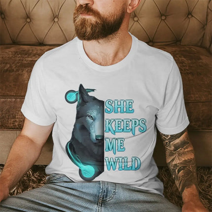 Vintage Wolf Print T Shirt For Couple "He Keeps Me Safe She Keeps Me Wild" Women Men Harajuku Husband Wife Anniversary Tshirts