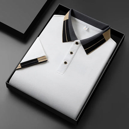 2025 New Men's Collar Polo Shirt Short Sleeved Sweat Absorbing Polo Tops, Luxury Jacquard Breathable Contrast Color T-shirt
