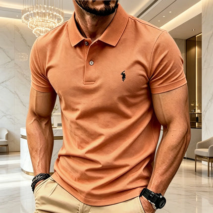 Men Solid Color Polo Shirt Regular Fit Business Casual Short Sleeve Tops With Small Horse Embroidery Chest Print