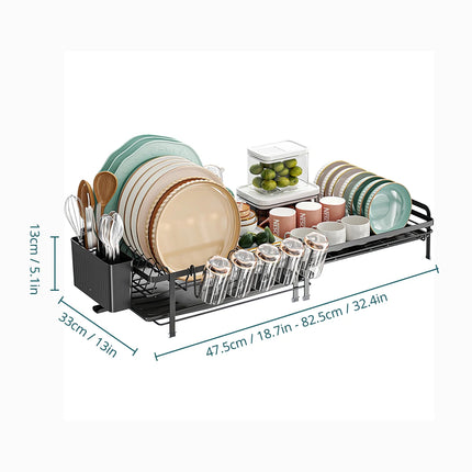 Adjustable Telescopic Dish Rack, Sink Side Dish Drying Organizer, Countertop Dish Organizer With Cup Holder, Utensil Holder