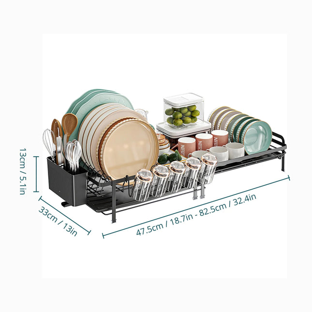 Adjustable Telescopic Dish Rack, Sink Side Dish Drying Organizer, Countertop Dish Organizer With Cup Holder, Utensil Holder