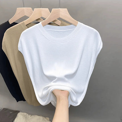 Ice Silk Knitted Top Women's Summer Thin Shoulder Drop Round Neck Short Sleeve T-shirt Pure Color Commute Style Outerwear