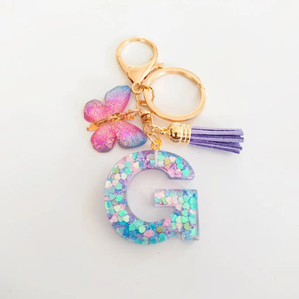 Fashion Butterfly Fringe Initial Keychain Drop Glue Blend Sequin A-Z26 Letter Keychain Cute Ladies Student Bag Accessory Gift
