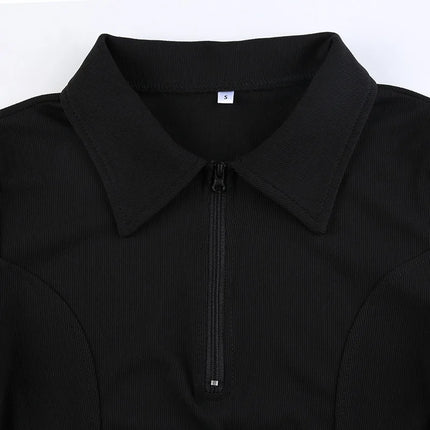 Women's T-shirt Autumn New Black Long Sleeves Crop Top Casual Fashion Zippers T-shirt Lady Turn-down Collar Sexy Tops Clothing