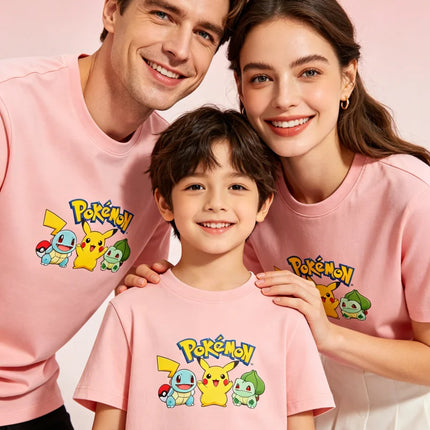 2026 Summer Pokemon Pikachu & Squirtle Family Matching T-Shirts, 100% Cotton Parent-Child Tops for Outdoor Play & Travel Y2k