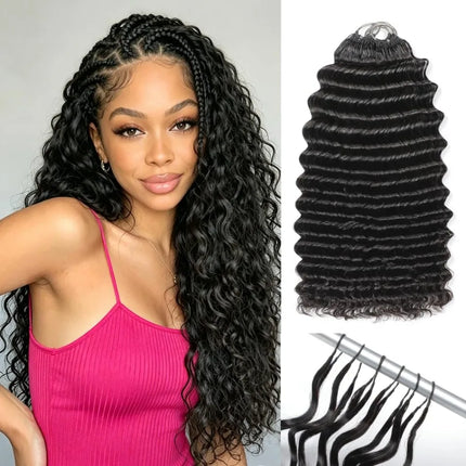Curly Human Crochet Hair For Black Women Deep Wave Crochet Human Hair Bundles 14 Inch 120G Pre-Separated Feather Crochet Human Hair Deep Wavy Invisible Crochet Hair Extensions Natural Color