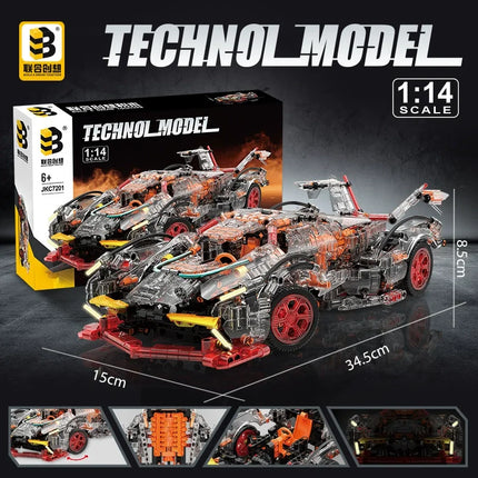 Transparent V12 Block Roadster RC Tech Racer 1:14 DIY Roadster Building Block Assembly Block Car Toy Birthday Gift