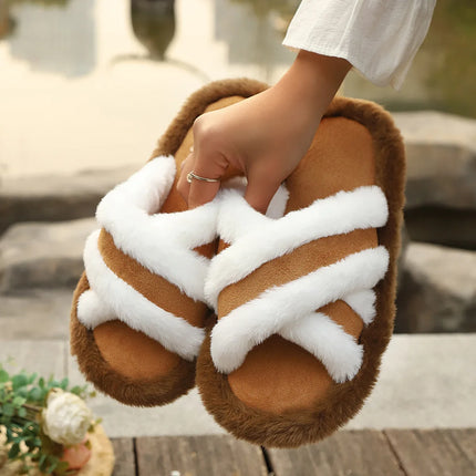 2025 New Furry Slippers Home Women's Fluffy Slides Autumn Winter Indoor Fashion EVA Light Cross Flip Flops Soft Flat Shoes Woman