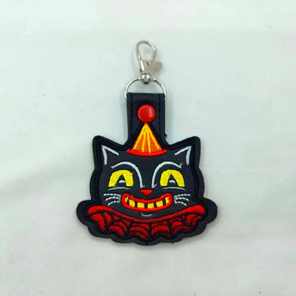Vintage Halloween cute Black Cat - Embroidered Vinyl Keychain