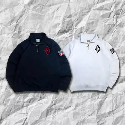 American fashion Gothic high neck embroidered pattern oversized PoLo shirt men'sY2K street retro Harajuku loose long sleeved top