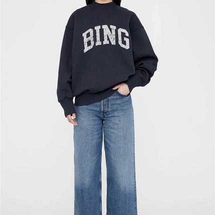 2025 Winter New North American Niche Classic Letter BING Printed Inner Fleece High Neck Loose Women's Sweatshirt