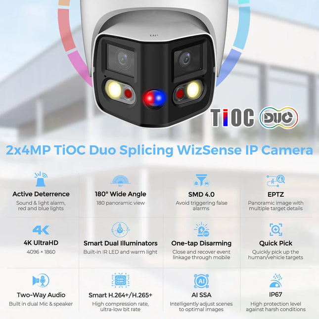 4K 180 Degrees 8MP Panoramic IP Camera Outdoor Dual Lens with Sound Light Alarm Speaker 2.8mm ONVIF Compatible Security Camera