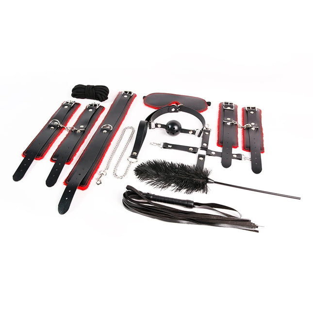 New BDSM Kits Bed Bondage Set Red&Black Exotic Sex Toys for Adults Games Leather Handcuffs Whip Gag Collar Women Sex Goods
