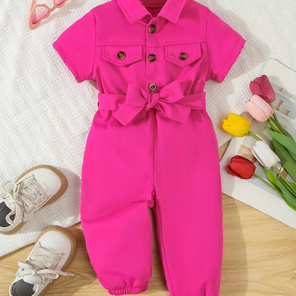 Cute Baby Girl Summer Short-Sleeved One-Piece Outdoor Casual Simple One-Piece Pants + Belt 2-Piece Set