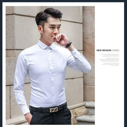 Slim Fit Long Sleeve Silk Men's Shirt Hong Kong Style Workwear Iron-Free Professional Shirt Youth Fashion Spring