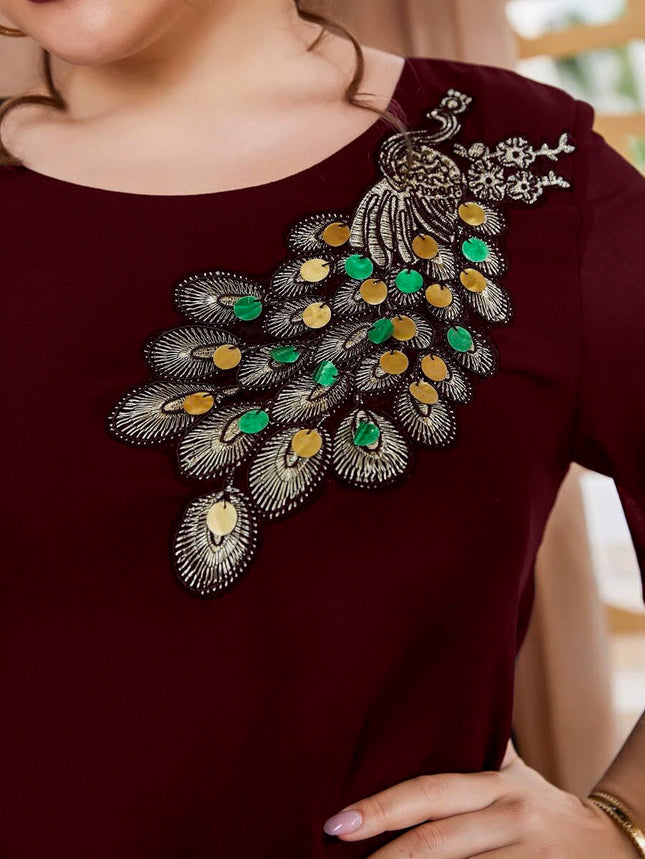 Plus Size Women's Embroidered Peacock Top, Short Sleeve Chiffon Blouse, Elegant Party Wear