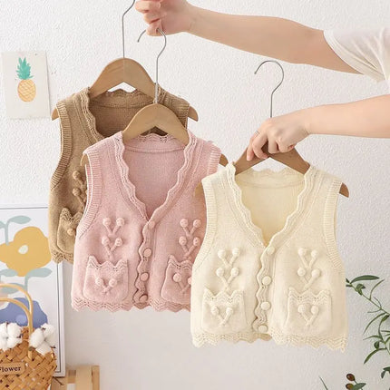 Kids Girls Embroidery Vest 2024 New Arrival Children Knitted Cardigan Autumn Winter Cotton Tops Pink Khaki Outwear Sweaters