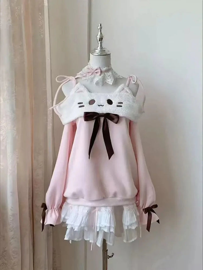 Japanese Kawaii Sweatshirts Women Autumn Sweet Bow Casual Off Shoulder Hoodies Design Elegant Lolita Tops Patchwork Coat