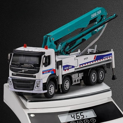 1/50 Volvo Concrete Pump Truck Toy Car Diecast Meatl Vehicle Model Pull Back Sound & Light Miniature Collection Gift For Boy Kid