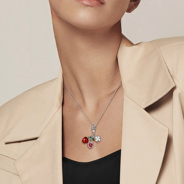 Mula 1Pc Hot Sale 925 Silver Cherry Clover Pendant Charm Fit Original Snake Chain Bracelet DIY Jewelry Gift for Women