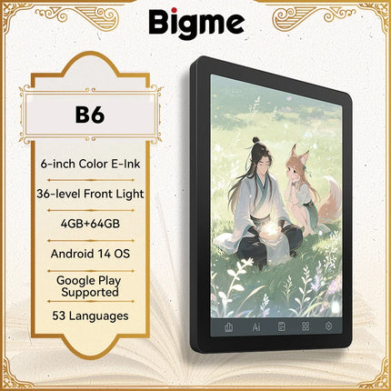 Bigme E-book Reader B6, 6-inch e-ink electronic book, 36-level front light, Android 14 OS built-in Google Play, 4+64GB ereader