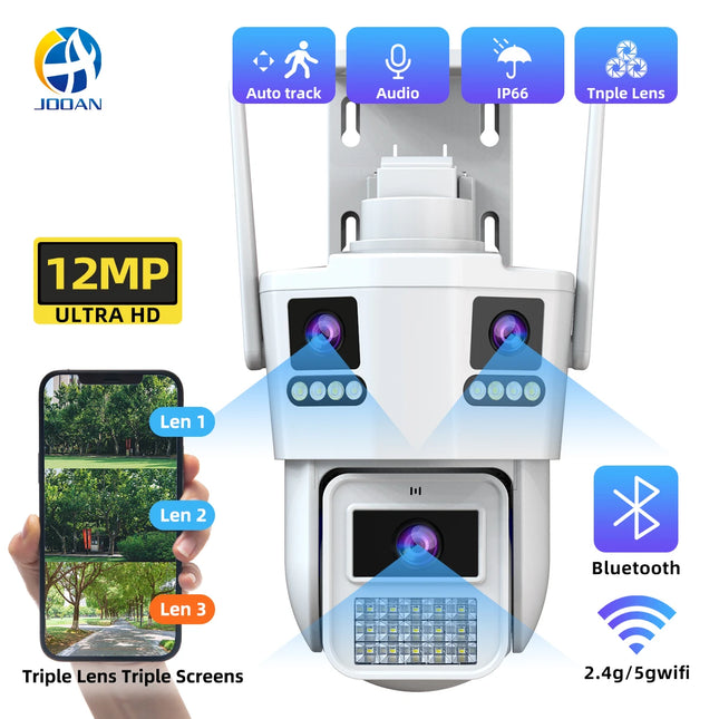 JOOAN 15MP Three Lens IP Camera PTZ Outdoor Three Screen night vision 5g WiFi Security Camera Auto Tracking Cctv camera