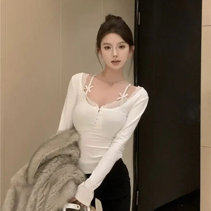Autumn Sweet Lace Stitching V-neck Skinny Top Pink Coquette Aesthetic Slim-fit Long Sleeve T-shirts Cute Casual Tees Women Goth