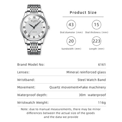 WLISTH Luxury Stainless Steel Watches for Man Waterproof Luminous Quartz Watches Roman Scale Wristwatch Date Week Men Watch