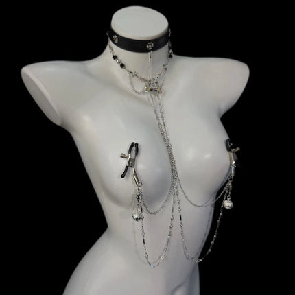 Women's Erotic Collar with Chain and Nipple Clamps in One Piece Tassels Cross/Skull Charms Goth BDSM Body Jewelry Adult Sextoy