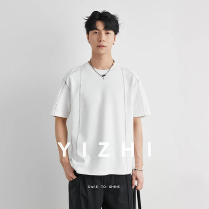 Men's Heavyweight 240g Stitch Trim Split Short Sleeve T-shirt 2026 Summer Crew Neck Loose Drop Shoulder Casual Versatile Top