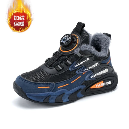 Children Sports Shoes New Rotating Buckle Winter Plush Warm Walking Shoes Boys Non Slip Lightweight Outdoor Running Tennis Shoes