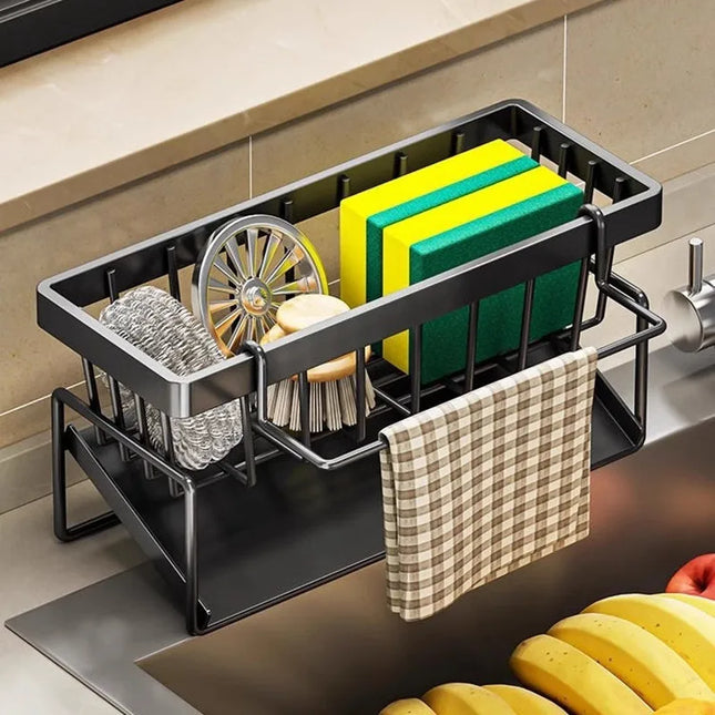Sponge Holder for Kitchen Sink, Stainless Steel Self-draining Sink Shelf Soap Sponge Holder Dishcloth Towel Rack Filter Basket
