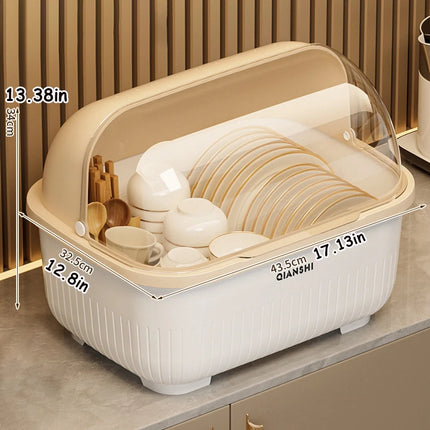 Dish Rack with Protective Cover - Space-Saving, Dust-Proof Kitchen Storage Cabinet with Chopstick Holder, Multifunctional Utensil Organizer with Drainage Board, Drainage Function, Suitable for Countertops and Cabinets, Dish R