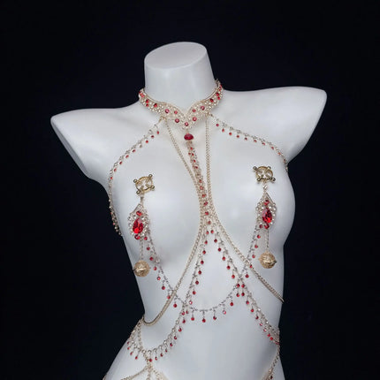 Ruby Red Sexy Body Chain Chest Chain Collar Waist Chain Nipple Clamps Nipple Stimulation Women's Wear Adult Toy SM Training Tool