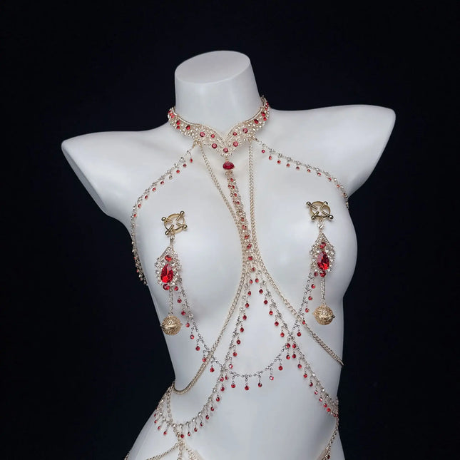 Ruby Red Sexy Body Chain Chest Chain Collar Waist Chain Nipple Clamps Nipple Stimulation Women's Wear Adult Toy SM Training Tool