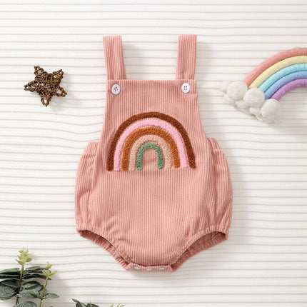 FOCUSNORM 0-12M Infant Baby Girls Boys Cute Overalls Romper Sleeveless Rainbow/Strawberry Embroidery Square Neck Ribbed Jumpsuit