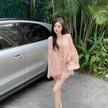 Korean Version V-neck Long Sleeved Shirt for Women's Spring 2024 New Loose Medium Long Sun Protection Shirt Top Two-piece Set