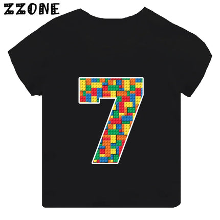 Building Blocks Bricks Number Bow Print Cartoon Boys Clothes 1 2 3 4 5 6 7 8 9 Years Birthday Kids T-shirt Baby Girls T-Shirts